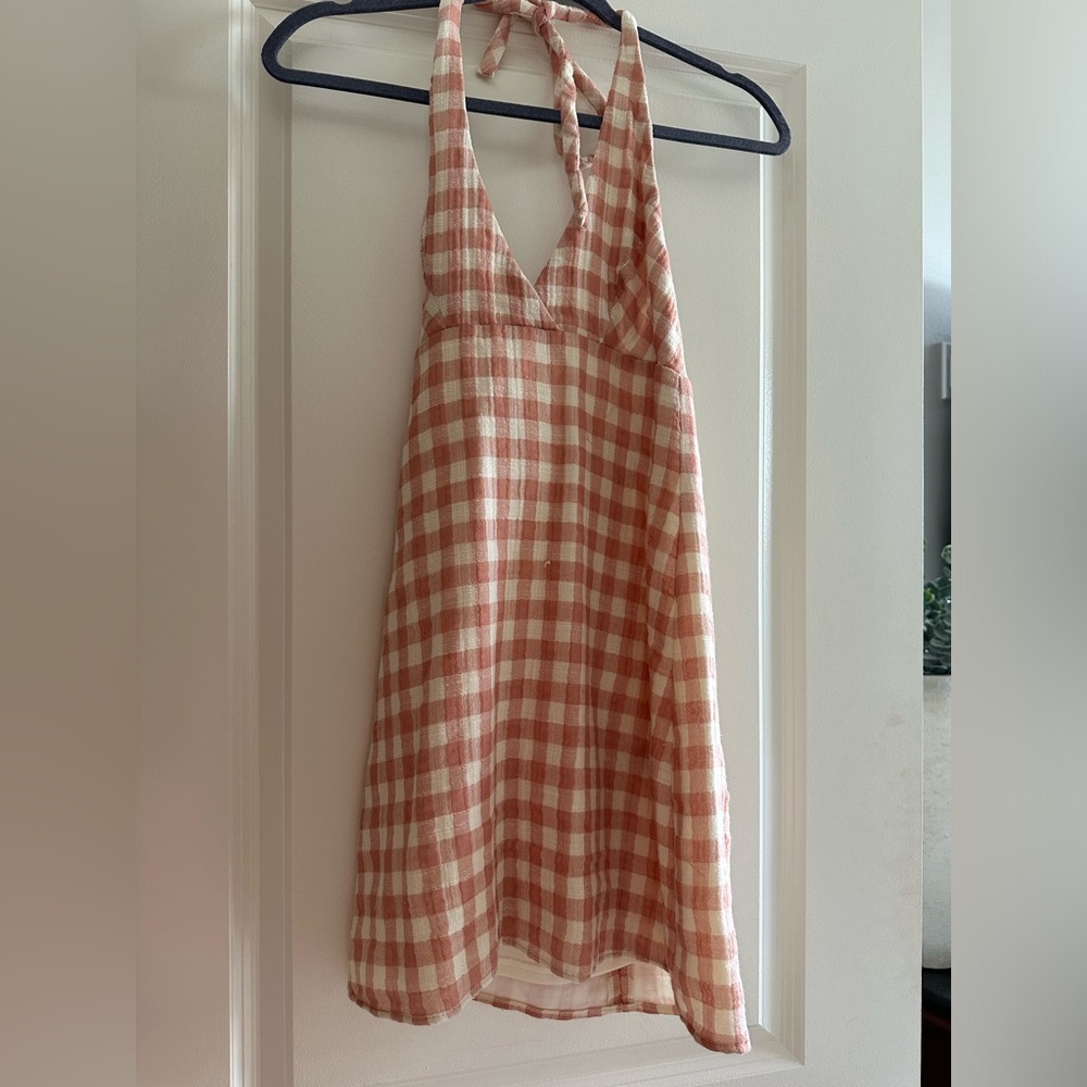 Zara Peach and Cream Gingham Halter Mini Dress